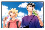  2boys adoptive_siblings backpack bag black_hair blonde_hair blue_eyes blue_sky boruto:_naruto_next_generations boruto_(series) brothers cloud commentary_request cup dated disposable_cup drinking earrings eyebrow_piercing face_piercing facial_mark facial_tattoo fanny_pack grey_eyes holding holding_cup holding_ice_cream_cone hood hoodie ice_cream_cone jewelry kawaki_(boruto) makio1313 male_focus multicolored_hair multiple_boys naruto_(series) piercing purple_shirt shirt siblings signature sky sleeveless sleeveless_hoodie stud_earrings tattoo two-tone_hair undercut uzumaki_boruto whisker_markings 