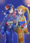  2girls absurdres ahoge blonde_hair blue_hair blush bocchi_the_rock! bow braid braided_base candy_apple closed_eyes commentary cube_hair_ornament detached_ahoge english_text feeding feet_out_of_frame festival food food_print fruit_print gift gotoh_hitori gotoh_hitori_(tsuchinoko) hair_ornament high_side_ponytail highres holding holding_food ijichi_nijika japanese_clothes kimono kita_ikuyo long_hair looking_at_another mask multiple_girls night open_mouth orange_print outdoors polka_dot polka_dot_bow ponytail print_kimono red_bow red_eyes red_hair sash short_hair side_ahoge side_ponytail side_ponytail_with_braided_base sim_evo smile speech_bubble summer summer_festival sweat sweatdrop tail walking yamada_ryo yellow_eyes yukata 