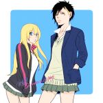  2girls :o adoptive_siblings asymmetrical_hair blue_jacket boruko boruto:_naruto_next_generations boruto_(series) breasts commentary_request earrings eyes_visible_through_hair facial_mark facial_tattoo frown fully_genderswapped_group genderswap genderswap_(mtf) green_sweater hands_in_pockets height_difference jacket jewelry kawaki_(boruto) large_breasts lips long_hair makio1313 miniskirt multicolored_hair multiple_girls naruto_(series) pleated_skirt puckered_lips school_uniform siblings sidecut signature sisters skirt skirt_peek stud_earrings sweater tattoo two-tone_hair undercut whisker_markings 