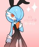  1girl alternate_color animal_ear_hairband animal_ears arm_at_side bare_shoulders black_dress black_hairband black_leotard blue_hair blue_skin blush bob_cut bunny_day colored_skin commentary cowboy_shot dated dress embarrassed fake_animal_ears flat_chest gardevoir haifun hair_over_one_eye hairband hand_on_own_chest hand_up highres leotard leotard_under_clothes light_blush looking_at_viewer multicolored_skin nervous one_eye_covered open_mouth orange_eyes pink_background playboy_bunny pokemon pokemon_(creature) rabbit_ear_hairband rabbit_ears shiny_pokemon short_hair showgirl_skirt shy simple_background slit_pupils solo sparkle standing strapless strapless_leotard sweat translated two-tone_skin wavy_mouth white_skin wrist_cuffs 