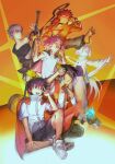  3boys 3girls arrow_(symbol) asymmetrical_sleeves bai_zhong_(false_memory) black_eyes black_hair blue_eyes collar commentary crop_top crosshair crosshair_halo crown english_commentary false_memory fang_tang_(false_memory) guan_chao_(false_memory) gun halo hammer highres hui_huo_(false_memory) jacket jacket_on_shoulders long_hair mini_crown multiple_boys multiple_girls open_clothes pink_hair ponytail protagonist_halo qian_jun_(false_memory) recycling_symbol red_hair shorts spiked_collar spiked_hair spikes thick_eyebrows tongue tongue_out v weapon white_hair zhsfienex 