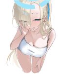  1girl asuna_(blue_archive) bare_shoulders blonde_hair blue_archive blue_eyes blue_halo blush breasts chico_(51m741) cleavage collarbone commentary_request eyes_visible_through_hair grey_shorts grin hair_over_one_eye halo hand_on_own_face large_breasts long_hair looking_at_viewer mole mole_on_breast shirt shorts simple_background smile solo tank_top thighs very_long_hair white_shirt 