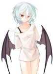  1girl :/ absurdres arms_behind_back black_bra blue_hair bra collarbone cowboy_shot demon_wings fang highres partyu red_eyes remilia_scarlet shirt short_hair short_sleeves single_off_shoulder sketch solo thighs touhou translation_request underwear white_background white_shirt wings 