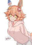 +_+ 1girl animal_ears commentary ear_covers highres horse_ears horse_girl horse_tail kasaneri matikanefukukitaru_(umamusume) orange_hair single_ear_cover solo sweater tail umamusume untranslatable_commentary white_background yellow_eyes 