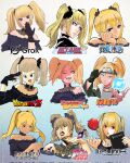  2girls a2t_will_draw amane_misa ani_(xai) apple araki_hirohiko_(style) bare_shoulders black_gloves bleach blonde_hair blue_eyes choker copyright_name corrupted_twitter_file covering_own_mouth death_note death_note_(object) dragon_ball dragon_ball_z english_commentary food forehead_protector fruit gloves gradient_background grok_(xai) hair_ornament hair_scrunchie hair_tie head_rest highres holding jewelry jojo_no_kimyou_na_bouken kishimoto_masashi_(style) kubo_tite_(style) lace lace-trimmed_choker lace_choker lace_collar lace_trim logo looking_at_viewer looking_to_the_side multiple_girls multiple_views naruto_(series) necklace obata_takeshi_(style) oda_eiichirou_(style) off-shoulder_shirt off_shoulder one_eye_closed one_piece open_mouth parody red_eyes scrunchie shirt single_glove skull_necklace smile sparkle studio_ghibli studio_ghibli_(style) style_parody toriyama_akira_(style) twintails twitter_bird twitter_username twitter_x_logo xai_(company) 
