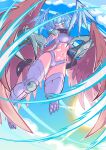  1girl absurdres arm_warmers bikini black_scarf blue_eyes blue_hair blue_sky boots breasts brown_wings claws cloud commentary day digimon digimon_(creature) english_commentary facial_mark feathered_wings floating full_body hair_between_eyes hair_wings head_wings highres large_breasts long_hair mask mouth_mask navel ninja_mask onetrickdragon purple_arm_warmers purple_bikini purple_boots purple_mask scarf shoulder_pads shutumon sidelocks skindentation sky solo stomach sun swimsuit wings 