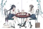  2girls absurdres alternate_costume bag black_shoes black_skirt black_socks blue_eyes bow bowtie brown_bag brown_shoes bun_with_hair_base cake cat chair character_charm charm_(object) closed_mouth collared_shirt colored_inner_hair columbina_(genshin_impact) crossed_legs cup food genshin_impact highres kneehighs loafers long_hair looking_at_another multicolored_hair multiple_girls on_chair parted_lips plate purple_eyes purple_hair red_bow red_bowtie sandrone_(genshin_impact) school_bag school_uniform shirt shirt_tucked_in shoes short_hair_with_long_locks short_sleeves simple_background sitting skirt smile socks teacup very_long_hair white_background white_socks xu_(anniechika) 