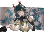  1girl 1other absurdres arknights arknights:_endfield bodypaint breasts commentary_request dragon_girl dragon_horns eastern_dragon_horns endministrator_(arknights) green_eyes green_hair hands_on_own_chest highres horns inverted_nipples lactation large_breasts long_hair nipples parted_lips pointy_ears poking_another's_breast pov pov_hands single_inverted_nipple solo_focus upper_body wdexxp zhuang_fangyi_(arknights) 