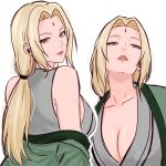  1girl blonde_hair breasts brown_eyes chococurrent close-up collarbone commentary curtained_hair english_commentary eyelashes facial_mark forehead_mark green_jacket hair_tie half-closed_eyes head_back highres jacket jacket_partially_removed large_breasts long_hair looking_at_viewer multiple_views naruto_(series) off_shoulder parted_lips shirt simple_background sleeveless sleeveless_shirt teeth tsunade_(naruto) twintails upper_body white_background 