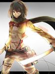  black_eyes black_hair dual_wielding highres holding jacket mikasa_ackerman paradis_military_uniform scarf seki_(geppuku_shokudou) shingeki_no_kyojin short_hair solo sword thigh_strap three-dimensional_maneuver_gear weapon 