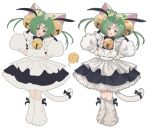  1girl :d absurdres ahoge animal_ears animal_hands animal_hat apron bell bow cat_hat cat_tail colored_eyelashes curtained_hair dejiko di_gi_charat dress flat_color full_body gloves green_eyes green_hair hair_bell hair_ornament hat head_tilt highres jingle_bell looking_at_viewer maid_apron neck_bell open_mouth paw_gloves paw_shoes progression short_hair short_sleeves simple_background smile soba_(evanorina) solo standing tail tail_bow tail_ornament white_background 