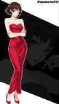  1girl aquamarine725 artist_name bare_arms bare_legs breasts brown_hair brown_hairband collarbone commentary crossed_arms different_zoom_layer dress english_commentary eyelashes full_body hairband high_heels highres long_dress long_legs looking_at_viewer medium_breasts medium_hair narrow_waist niijima_makoto parted_lips persona persona_5 persona_5_the_royal red_dress red_eyes red_nails red_shoes shoes standing strapless strapless_dress tight_clothes tight_dress zoom_layer 