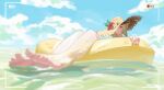  1girl au_ra barefoot blonde_hair blue_sky blurry blurry_foreground chinese_commentary cloud commentary_request depth_of_field feet final_fantasy final_fantasy_xiv flower foreshortening grin hat highres innertube looking_at_viewer mole mole_under_eye ocean papalachiya scales sky smile solo straw_hat swim_ring toes viewfinder 