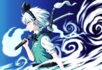  1girl black_bow black_bowtie black_hairband blue_background bow bowtie closed_mouth collared_shirt commentary_request from_side glint green_skirt green_vest grey_hair hairband hitodama holding holding_sword holding_weapon inuno_rakugaki katana konpaku_youmu konpaku_youmu_(ghost) pleated_skirt puffy_short_sleeves puffy_sleeves sheath sheathed shirt short_sleeves skirt skirt_set smile solo sword sword_on_back touhou unsheathed vest weapon weapon_on_back white_shirt 