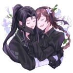  1boy 1girl agnea_bristarni black_gloves black_hair black_hairband braid braided_ponytail brown_hair closed_eyes commentary couple flower fuwarenren gloves hairband hetero high_ponytail hikari_ku hug nier:automata nier_(series) octopath_traveler octopath_traveler_ii open_mouth ponytail smile white_background white_flower 