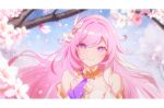  1girl :d absurdres bare_shoulders blue_sky blurry blurry_foreground cherry_blossoms commentary_request dress elf elysia_(herrscher_of_human:_ego)_(honkai_impact) elysia_(honkai_impact) euzh266 grin hair_ornament highres honkai_(series) honkai_impact_3rd long_hair looking_at_viewer outdoors petals pink_eyes pink_hair pointy_ears revision sky smile solo teeth very_long_hair white_dress 