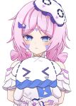  1girl absurdres bare_shoulders blue_eyes blush chest_bow citlali_(genshin_impact) citlali_(whispers_of_stars_and_smoke)_(genshin_impact) commentary_request doll facial_mark forehead_mark genshin_impact highres holding holding_doll hugging_doll hugging_object itzpapa_(genshin_impact) looking_at_viewer mask mask_on_head official_alternate_costume pink_hair pink_pupils sleep_mask stuffed_toy take_(take96254) triangle triangle_facial_mark 