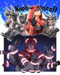  >_< 1boy black_eyes commentary_request dazzling3ti english_text fake_horns glowing_ring hair_between_eyes highres hood horned_hood horns looking_at_viewer mightyena multiple_views muscular muscular_male pokemon pokemon_(creature) pokemon_ruby/sapphire/emerald poochyena purple_hair short_hair smile sunglasses tabitha_(pokemon) team_magma team_magma_uniform tongue tongue_out 