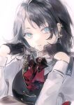  1girl bang_dream! bang_dream!_it's_mygo!!!!! bang_dream!_our_notes black_gloves black_hair black_vest blue_eyes brooch chinese_commentary commentary_request crescent crescent_earrings earrings gengentan gloves half_gloves hands_up highres jewelry long_sleeves looking_at_viewer medium_hair neck_ribbon parted_lips red_ribbon ribbon shirt simple_background solo sparkle upper_body vest white_background white_shirt yahata_umiri 