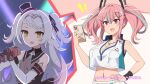  2girls azur_lane azur_lane:_slow_ahead braid breasts bremerton_(azur_lane) bremerton_(scorching-hot_training)_(azur_lane) cellphone cleavage commentary_request crop_top ear_piercing end_card green_hair grey_hair grey_streaks hat hebitsukai-san highres holding holding_phone idol large_breasts long_hair medium_hair microphone midriff mini_hat mole mole_on_breast mole_under_eye multicolored_hair multiple_girls navel navel_piercing official_alternate_costume official_art phone piercing pink_eyes pink_hair second-party_source small_breasts smartphone sportswear stomach streaked_hair tilted_headwear top_hat twintails two_side_up very_long_hair yellow_eyes z46_(azur_lane) z46_(star-lit_chocolate)_(azur_lane) 