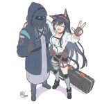  1boy 1girl absurdres animal_ears arknights arm_around_another's_waist arm_around_shoulder belt belt_pouch black_choker black_jacket black_skirt blaze_(arknights) blue_eyes blue_hair blush breasts brown_gloves cat_ears cat_girl cat_tail choker cleavage doctor_(arknights) drozon fingerless_gloves full_body gloves hair_between_eyes hairband happy helmet highres hood hood_up hooded_jacket hug jacket large_breasts male_doctor_(arknights) multiple_belts open_mouth pouch red_hairband robe skirt smile tail tank_top thigh_belt thigh_strap thighhighs thumbs_up w white_background white_jacket white_robe white_tank_top white_thighhighs 