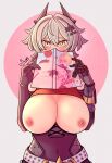  1girl alternate_breast_size_(larger) arms_up artist_name bar_censor belt blush breasts caesar_king_(zenless_zone_zero) censored clothes_lift commentary covered_mouth covered_navel elbow_gloves english_commentary gloves green_hair hair_between_eyes hair_ornament hands_up heart heart_in_eye highres holding huge_breasts junssockdrawer looking_at_viewer luciana_de_montefio manga_(object) mechanical_arms nipples no_bra presenting_own_breasts prosthesis prosthetic_arm raised_inner_eyebrows single_mechanical_arm solo straight-on symbol_in_eye upper_body yellow_eyes zenless_zone_zero 