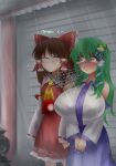  absurdres blue_skirt blush bow breasts brown_hair closed_eyes crying crying_with_eyes_open detached_sleeves embarrassed english_text frog_hair_ornament gameplay_mechanics green_eyes green_hair hair_ornament hair_tubes hakurei_reimu highres hitbox huge_breasts inconvenient_breasts jusnjuans kochiya_sanae nontraditional_miko rain red_bow red_skirt ribbon skirt smug snake_hair_ornament sparkle tears touhou yellow_ribbon 