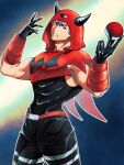  1boy bara belt black_eyes black_gloves black_pants bodysuit commentary_request dazzling3ti fake_horns gloves hair_between_eyes highres holding holding_poke_ball hood hood_up horned_hood horns looking_at_viewer male_focus muscular muscular_male pants poke_ball pokemon pokemon_ruby/sapphire/emerald purple_hair red_belt ribbed_bodysuit short_hair solo tabitha_(pokemon) team_magma team_magma_uniform teeth 
