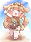  1girl absurdres ahoge animal_ears bell blue_bow blue_eyes bow brown_hair butter_(trickcal) chibi clothing_cutout commentary_request dog_ears dog_tail eyewear_on_head fang frilled_one-piece_swimsuit frilled_wrist_cuffs frills fusafusa888 highres innertube navel_cutout neck_bell one-piece_swimsuit open_mouth sand sandals solo sunglasses swim_ring swimsuit tail thigh_strap trickcal wrist_cuffs 