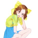  1girl bad_id bad_twitter_id blue_skirt blush bow braid brown_hair commentary_request double_bun eyelashes gfriend hair_bow hair_bun head_rest korean_commentary looking_at_viewer rin_yes2 see-through_clothes see-through_shirt shirt sinb_(gfriend) sitting skirt solo yellow_bow 