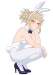  1girl animal_ear_hairband animal_ears arms_on_knees backless_leotard black_bow black_bowtie blonde_hair blush boku_no_hero_academia bow bowtie breasts bunny_day closed_mouth commentary detached_collar double_bun fake_animal_ears from_side hair_bun hairband half-closed_eyes hand_on_own_cheek hand_on_own_face hand_up head_rest high_heels highres kobaji large_breasts leotard looking_at_viewer pantyhose playboy_bunny rabbit_ear_hairband rabbit_ears rabbit_tail simple_background solo squatting strapless strapless_leotard tail toga_himiko white_background white_leotard white_pantyhose yellow_eyes 