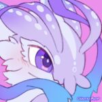  artist_name blush close-up closed_mouth commentary english_commentary grey_fur looking_to_the_side mew_mew_chikorita_moon no_humans original pink_background pokemon pokemon_(creature) portrait purple_background purple_eyes ribbon simple_background smile solo two-tone_fur 