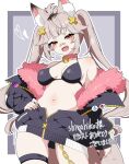  1girl animal_ear_fluff animal_ears bandaid bandaid_on_face bandaid_on_nose bikini black_bikini black_jacket black_nails blush breasts cleavage collar commentary_request cross_hair_ornament fangs fox_girl fox_tail hair_ornament highres indie_virtual_youtuber jacket kounamuya looking_at_viewer medium_breasts navel open_mouth partially_unzipped pink_collar shirahiko_(vtuber) short_eyebrows solo swimsuit tail thigh_strap thighs twintails virtual_youtuber yellow_eyes 