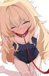  1girl blonde_hair blue_archive blue_one-piece_swimsuit blush clenched_teeth commentary covered_navel cuffs fluffy_hair green_eyes groin hair_intakes half-closed_eye halo handcuffs highres leash long_hair mintchoco_(minchothudong) on_floor one-piece_swimsuit professor_niyaniya_(blue_archive) pussy_juice school_swimsuit sex_toy shade side_ahoge sitting swimsuit tearing_up teeth thighhighs thighs trembling vibrator vibrator_under_clothes viewer_holding_leash wariza white_thighhighs yellow_halo 