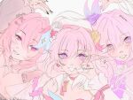  3girls absurdres beret color_connection commentary company_connection cyrene_(demiurge)_(honkai:_star_rail) cyrene_(honkai:_star_rail) diamond-shaped_pupils diamond_(shape) elf elysia_(hi_love_elf)_(honkai_impact) elysia_(honkai_impact) english_commentary hair_color_connection hat heart heart_arms heart_arms_duo heart_hands highres honkai:_star_rail honkai_(series) honkai_impact_3rd inoue_marina long_hair long_pointy_ears looking_at_viewer medium_hair mihoyo multiple_girls pink_hair pointy_ears purple_eyes remielle_dan shouirene smile symbol-shaped_pupils twitter_username upper_body very_long_hair voice_actor_connection yanning zenless_zone_zero 