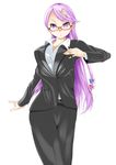  alternate_costume bad_id bad_pixiv_id bespectacled breasts business_suit contemporary crescent crescent_hair_ornament formal glasses hair_ornament highres large_breasts long_hair patchouli_knowledge pen purple_eyes purple_hair red-framed_eyewear solo suit touhou white_background yoxtut 