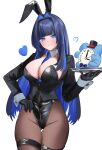  1girl absurdres animal_ears ass_visible_through_thighs between_breasts black_jacket black_leotard black_pantyhose blue_eyes blue_hair blue_necktie blunt_bangs breasts cleavage closed_mouth clothes_between_breasts colored_inner_hair commentary covered_navel detached_collar emoooojiiii english_commentary fake_animal_ears hair_intakes hand_on_own_hip highleg highleg_leotard highres holding holding_tray hololive hololive_english jacket kronie_(ouro_kronii) large_breasts leotard long_hair multicolored_hair necktie necktie_between_breasts ouro_kronii pantyhose playboy_bunny plunging_neckline rabbit_ears revision simple_background sleeve_cuffs smile solo strapless strapless_leotard suit_jacket thigh_strap tray virtual_youtuber white_background 
