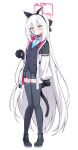  1girl absurdres animal_ears animal_hands black_bow black_hairband black_skirt blue_archive blue_necktie blush bow collar commentary_request double-parted_bangs dusu_(htkj) fake_animal_ears fake_tail gloves hair_between_eyes hair_bow hairband half_updo halo highres jacket kei_(blue_archive) kei_(student)_(blue_archive) long_hair long_hair_between_eyes long_sleeves looking_at_viewer loosely_tucked_bangs multicolored_jacket necktie paw_gloves pink_eyes pink_halo pleated_skirt rectangular_halo red_collar ringed_eyes shirt simple_background skirt solo sweatdrop tail thighhighs two-tone_jacket very_long_hair white_background white_hair white_jacket white_shirt zettai_ryouiki 