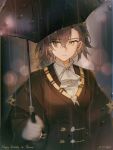  1girl arknights ascot blurry blurry_background brown_hair brown_jacket character_name closed_mouth cnsmsoup commentary dated earrings eyes_visible_through_hair hair_between_eyes hair_over_one_eye happy_birthday highres holding holding_umbrella jacket jewelry long_sleeves looking_at_viewer mole mole_above_eye outdoors penance_(arknights) rain shirt short_hair signature solo umbrella wet wet_hair white_ascot white_shirt yellow_eyes 
