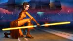  1girl bastila_shan bodysuit boots brown_boots brown_eyes brown_hair commentary dinmoney double_bladed_lightsaber energy_sword english_commentary holding holding_sword holding_weapon jedi lightsaber looking_at_viewer on_one_knee orange_bodysuit solo star_wars star_wars:_knights_of_the_old_republic sword weapon yellow_lightsaber 