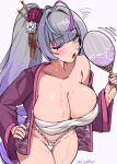  1girl absurdres blunt_bangs blush breasts chest_sarashi chestnut_mouth cleavage commentary coubalty cowboy_shot english_commentary fanning_face fanning_self fundoshi gradient_hair grey_hair hair_ornament hand_fan hand_on_own_hip highres holding holding_fan japanese_clothes kimono large_breasts long_hair lotus_hair_ornament makeup motion_lines multicolored_hair nail_polish one_eye_closed open_clothes open_kimono parted_lips pink_kimono pink_nails ponytail print_kimono purple_hair sarashi solo streaked_hair sweat swirl v4mirai very_long_hair virtual_youtuber yae_yugiri yellow_eyes 