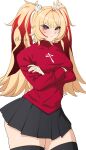  1girl absurdres black_skirt black_thighhighs blonde_hair blush breasts claret_flint closed_mouth commentary cosplay cowboy_shot cross cross_print crossed_arms fate/stay_night fate_(series) hair_intakes hair_ornament hair_ribbon highres long_hair mole mole_under_eye obosounds red_eyes red_ribbon red_sweater ribbon simple_background skirt solo sphere_hair_ornament star-shaped_pupils star_(symbol) sweater symbol-shaped_pupils thighhighs tohsaka_rin tohsaka_rin_(cosplay) twintails ueda_kana voice_actor_connection white_background zenless_zone_zero 