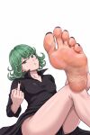  1girl artist_request black_dress black_nails breasts crossed_legs dress feet flipped_hair foot_focus green_hair highres looking_at_viewer middle_finger non-web_source one-punch_man short_hair simple_background sitting small_breasts soles solo source_request tatsumaki white_background 