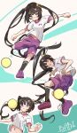 1girl babi_(rukuko695) ball black_hair black_socks cat_hair_ornament character_signature commentary_request dated hair_ornament hairclip highres kneehighs long_hair multiple_views navel original pink_eyes playing_sports purple_shoes purple_shorts rukuko695 shirt shoes shorts soccer soccer_uniform socks sportswear twintails very_long_hair white_shirt x_hair_ornament 