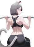  1girl absurdres animal_ear_fluff animal_ears ass back black_pants black_sports_bra cat_ears cat_girl cat_tail closed_mouth commentary exercising from_behind grey_hair highres looking_at_viewer looking_back multicolored_hair muscular muscular_female nbee_ya neneko_mashiro pants red_eyes red_hair red_streaks short_hair simple_background sitting solo sports_bra stellive streaked_hair sweat tail tail_through_clothes two-tone_hair untranslatable_commentary virtual_youtuber weightlifting white_background 