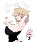  ... 2girls alternate_costume alternate_tail arknights black_leotard blush breast_envy breasts bunny_day chibi chibi_inset commentary_request fang from_side grabbing_own_breast hair_ornament hairclip hand_in_own_hair heka=ton highres holding holding_tray huge_breasts kirara_(arknights) leotard multiple_girls open_mouth pink_hair playboy_bunny purple_eyes revision short_hair sideboob sideways_glance sideways_mouth simple_background skin_fang smile solo_focus strapless strapless_leotard tray upper_body utage_(arknights) white_background wrist_cuffs x_hair_ornament 