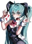  1girl :< ? ?? @_@ ahoge animal_ear_hairband animal_ears aqua_eyes aqua_hair aqua_nails black_hairband black_leotard black_pantyhose blush bow bowtie bunny_day collar commentary_request detached_collar fake_animal_ears fingernails fishnet_pantyhose fishnets hair_intakes hairband hands_up hatsune_miku highleg highleg_leotard highres leotard long_fingernails long_hair pantyhose playboy_bunny rabbit_ear_hairband rabbit_ears rabbit_tail red_bow red_bowtie simple_background solo strapless strapless_leotard sweatdrop tail tikuwa_53 twintails upper_body very_long_hair vocaloid white_background white_collar white_wrist_cuffs wrist_cuffs 