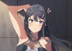  1girl arm_up armpits bikini black_bikini black_hair bow breasts cleavage closed_mouth collarbone commentary_request esw_artca frilled_bikini frills hair_ornament hairclip highres long_hair looking_at_viewer medium_breasts purple_eyes rabbit_hair_ornament sakurajima_mai seishun_buta_yarou sidelighting solo swimsuit upper_body 
