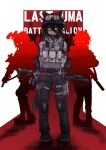  3girls absurdres acog ammunition_pouch animal_ears ar-15 assault_rifle battle_belt belt black_hair black_pants black_shoes bulletproof_vest camouflage camouflage_shirt combat_helmet daniel_defense_ddm4 expressionless flashlight gas_mask goggles goggles_on_headwear gun helmet highres horse_ears knee_pads laser_sight last_man_battalion long_bangs long_hair looking_at_viewer m4_carbine manhattan_cafe_(umamusume) mask mawl-c1 microphone military multiple_girls pants patch pouch push-to-talk_device radio radio_antenna red_background red_sweater rifle seventeenth_of_4 shirt shoes sweater tom_clancy's_the_division two-tone_background umamusume weapon white_background white_shirt yellow_eyes 