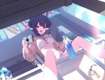  1girl absurdres backlighting bare_legs beach bikini black_hair black_horns blue_archive blurry blurry_background blush bottle breasts brown_shrug camera chair chiaki_(blue_archive) chiaki_(swimsuit)_(blue_archive) cleavage curled_horns day depth_of_field drink dutch_angle from_below game_asset hair_between_eyes hair_bun halo highres holding holding_bottle holding_camera horns jewelry lens_flare long_hair long_sleeves looking_at_viewer medium_breasts monobloc_chair navel necklace non-web_source o-ring o-ring_top official_alternate_costume official_alternate_hairstyle official_art on_chair open_mouth outdoors pendant pointy_ears poster_(object) pov ramune red_eyes red_halo see-through_clothes see-through_shrug self-datamine shrug_(clothing) sidelocks single_hair_bun sitting smile solo spread_legs stomach sunlight swimsuit table taking_picture thighs under_table white_bikini 